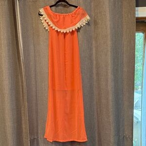 Amoure Couture Orange Off-Shoulder Dress with Lace Trim SZ Small